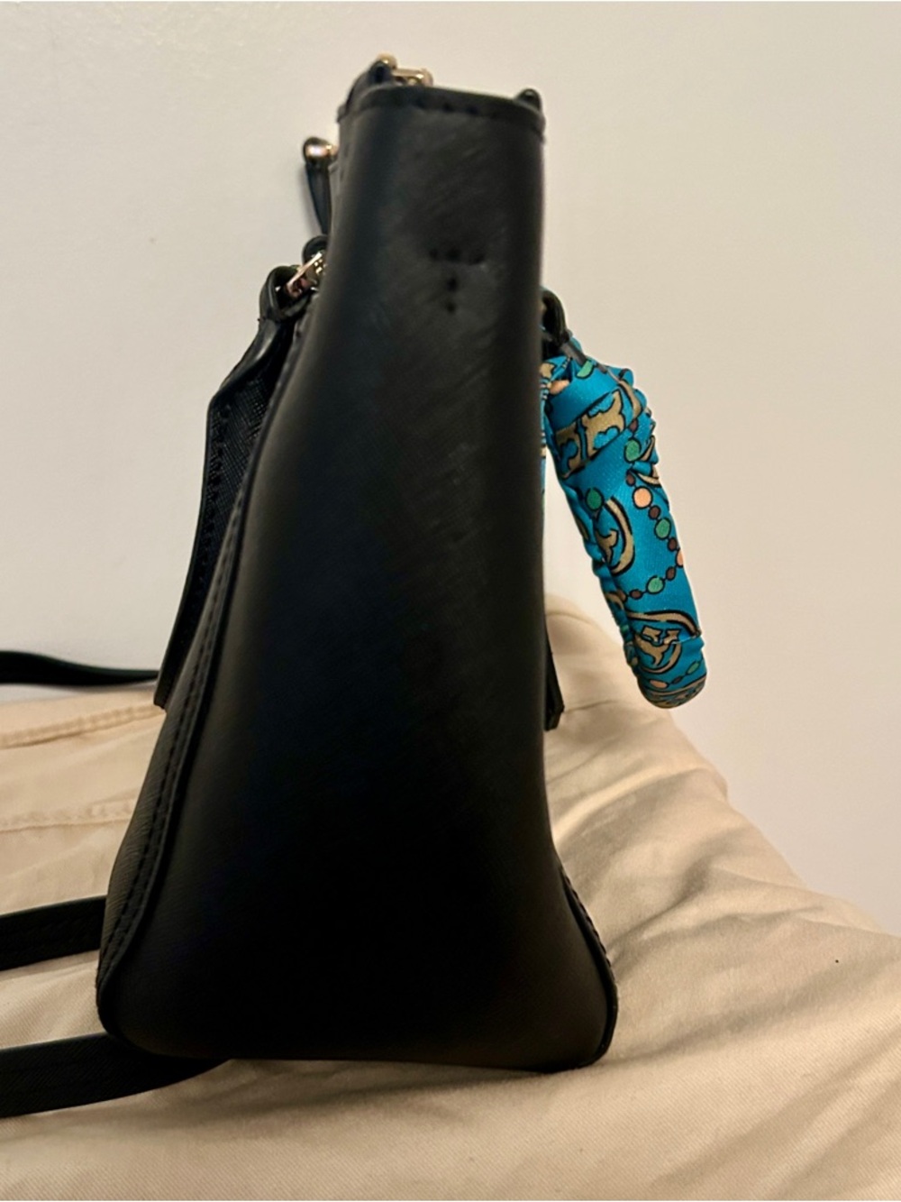 Tory Burch dark Navy Leather Satchel with Turquoise Scarf-Wrapped Handle - Picture 7 of 8